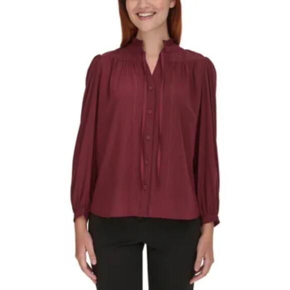DKNY Lurex Shimmer Purple Burgundy Button Up Prairie Blouse - Picture 1 of 6